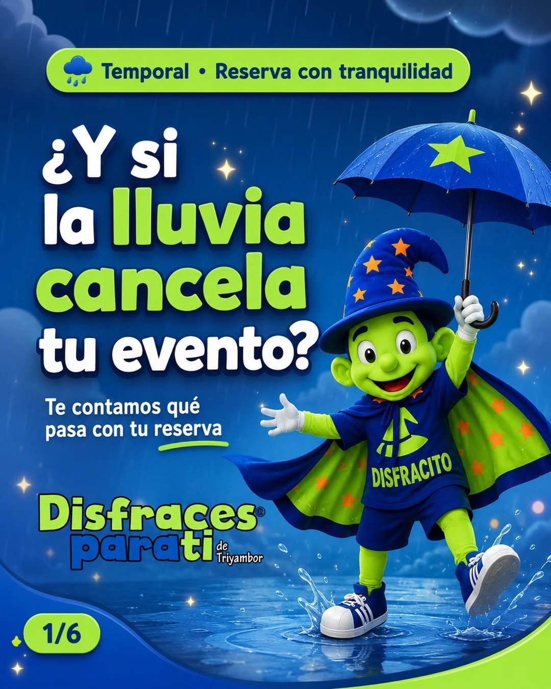 🌧️✨ ¿El temporal amenaza con cambiar tus planes? ¡Reserva con tranquilidad! Si tu evento se cancela por la lluvia, podrás cancelar o cambiar tu reserva hasta 6 horas antes del retiro o despacho. El monto pagado quedará disponible como saldo para reagendar tu arriendo durante los próximos 90 días, sujeto a disponibilidad. Porque el clima puede cambiar, pero las ganas de celebrar siguen intactas. 💙💚 Después de la lluvia, vuelve la magia con Disfraces Para Ti®. Beneficio válido para reservas afectadas por el temporal y sujeto a disponibilidad del personaje para la nueva fecha. #DisfracesParaTi #ArriendoDeCorporeos #CorporeosChile #EventosChile #Temporal Lluvia ReservaConTranquilidad FiestasInfantiles CumpleañosChile LaFlorida Disfracito 🌈 Si la lluvia cambia tus planes, ¿qué harías?
