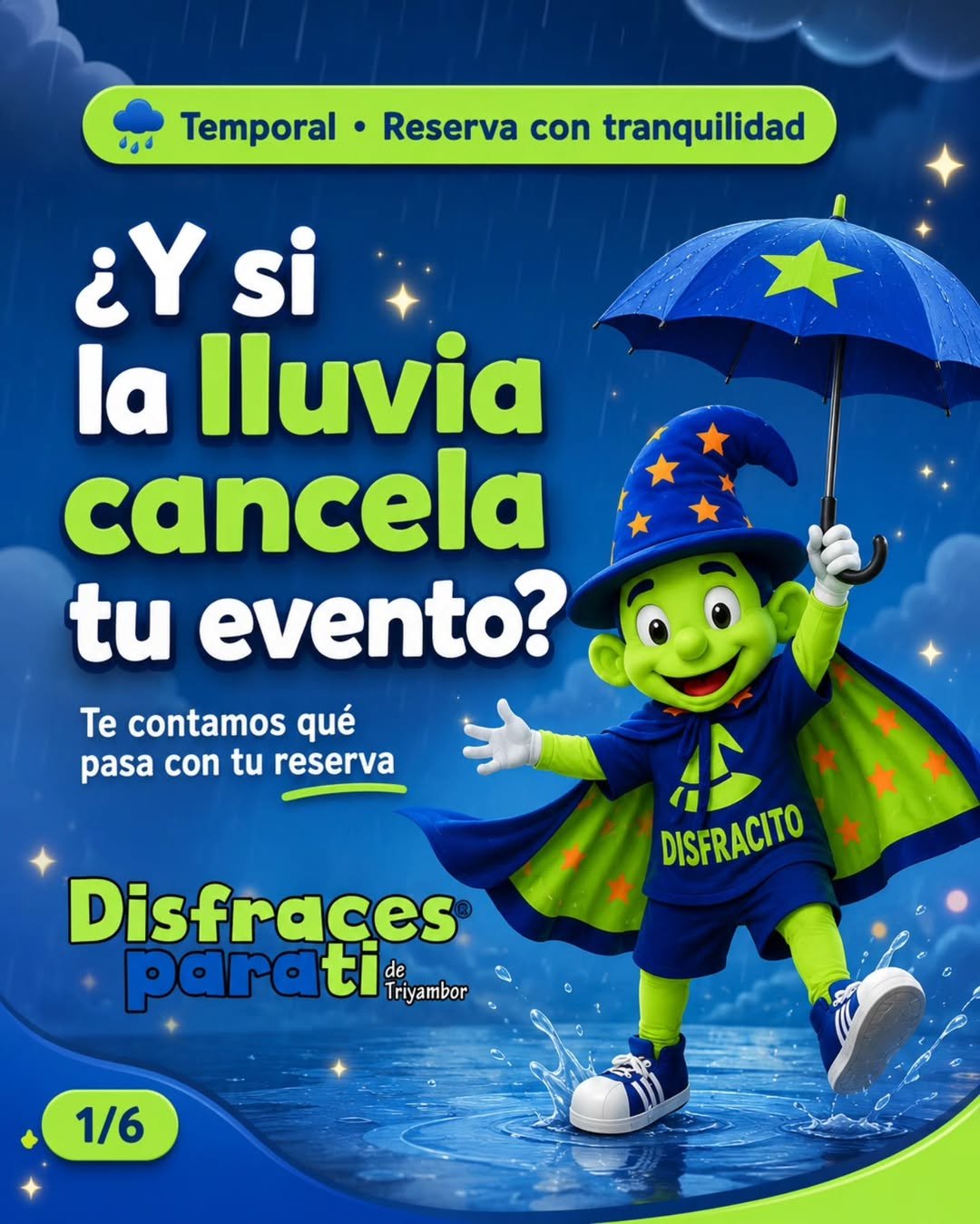 🌧️✨ ¿El temporal amenaza con cambiar tus planes? ¡Reserva con tranquilidad! Si tu evento se cancela por la lluvia, podrás cancelar o cambiar tu reserva hasta 6 horas antes del retiro o despacho. El monto pagado quedará disponible como saldo para reagendar tu arriendo durante los próximos 90 días, sujeto a disponibilidad. Porque el clima puede cambiar, pero las ganas de celebrar siguen intactas. 💙💚 Después de la lluvia, vuelve la magia con Disfraces Para Ti®. Beneficio válido para reservas afectadas por el temporal y sujeto a disponibilidad del personaje para la nueva fecha. #DisfracesParaTi #ArriendoDeCorporeos #CorporeosChile #EventosChile #Temporal Lluvia ReservaConTranquilidad FiestasInfantiles CumpleañosChile LaFlorida Disfracito 🌈 Si la lluvia cambia tus planes, ¿qué harías?