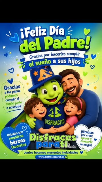 💙✨ ¡Feliz Día del Padre! ✨💙 Hoy queremos agradecer a todos los papás que hacen posible la magia. Cada sonrisa, abrazo y emoción que vemos cuando un niño conoce a su personaje favorito comienza mucho antes: con un papá que organiza, apoya, acompaña y hace todo lo posible por verlo feliz. Gracias por permitirnos ser parte de esos momentos que se transforman en recuerdos para toda la vida. 🥹👨‍👧‍👦 Ustedes son los verdaderos héroes detrás de cada sorpresa, celebración y sueño cumplido. ¡Que tengan un maravilloso Día del Padre junto a quienes más aman! 💚 Con cariño, 🧙‍♂️ Disfracito y todo el equipo de Disfraces Para Ti® #FelizDiaDelPadre #GraciasPapa #DisfracesParaTi #MomentosInolvidables #MasDe250Personajes LaMagiaExiste DiaDelPadreChile Familia Celebracion SonrisasQueQuedanParaSiempre