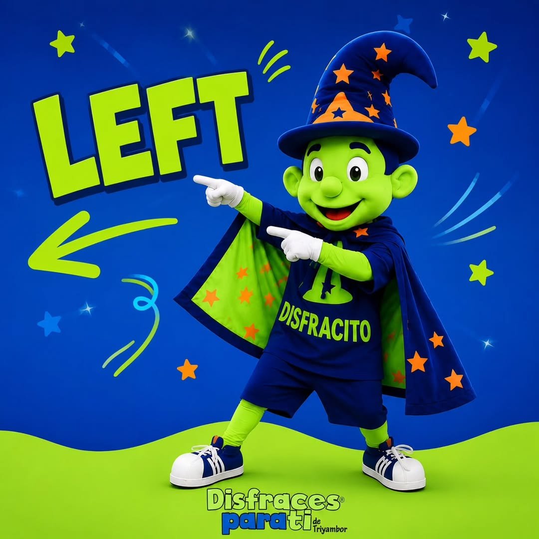 ✨ ¿LEFT o RIGHT? 👈👉 Disfracito llegó con una nueva dinámica 💚💙 👉 Desliza el carrusel, sigue la dirección de Disfracito y juega con nosotros. ¿Lograrás seguirlo sin equivocarte? 😜✨ #Disfracito #DisfracesParaTi #LeftRight #ArriendoDeCorporeos #Diversión EventosInfantiles