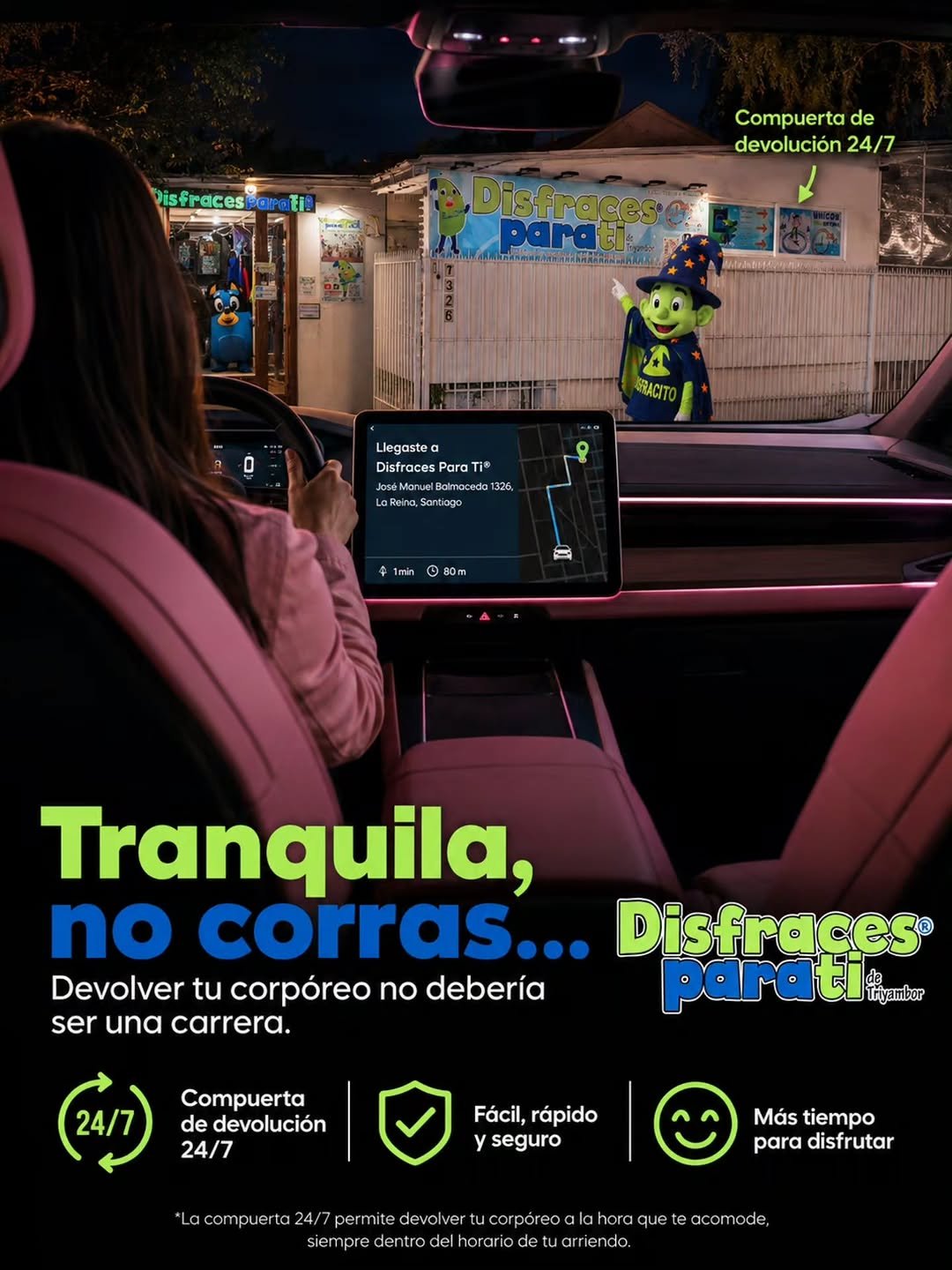 🚗💨 Tranquila, no corras… Devolver tu corpóreo no debería ser una carrera. En Disfraces Para Ti® contamos con una compuerta de devolución disponible 24/7, para que puedas entregar tu saco de forma fácil, rápida y segura, siempre dentro del horario contratado de tu arriendo. 🎭✨ Acerca la identificación del saco al lector, espera que se abra la compuerta superior y realiza tu devolución sin apuros. 📍 La Florida 🌐 www.disfracesparati.cl La compuerta 24/7 no extiende la duración del arriendo. #DisfracesParaTi #ArriendoDeCorporeos #CorporeosChile #LaFlorida #nayafacil Tenías conocimiento de este servicio? 24/7