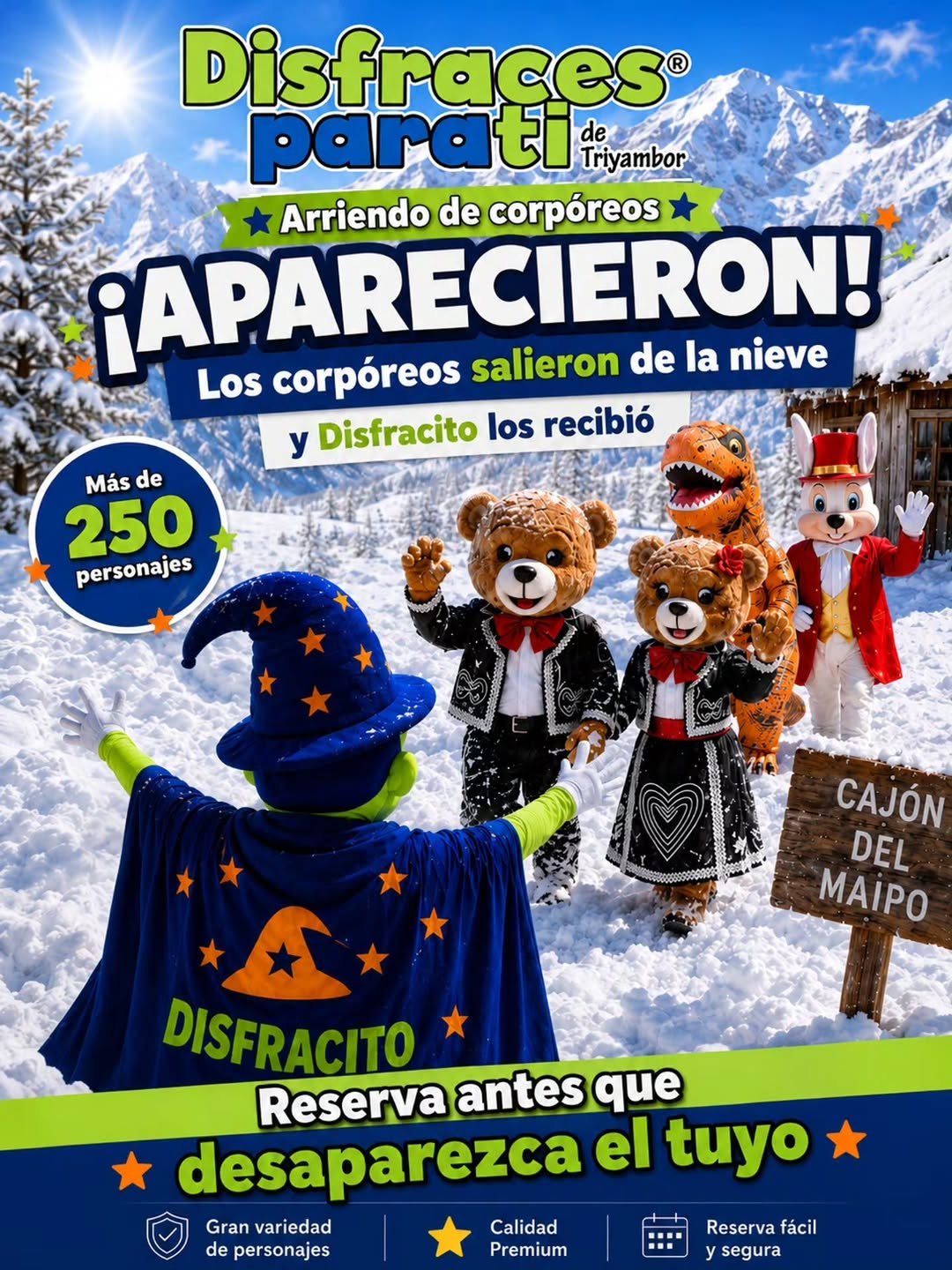 ¡APARECIERON! ❄️😂 Después de abrirse paso entre la nieve, nuestros corpóreos por fin llegaron a Disfraces Para Ti®… y Disfracito ya los estaba esperando. Tenemos más de 250 personajes disponibles para cumpleaños, colegios, empresas, activaciones y todo tipo de eventos en la Región Metropolitana. Reserva en línea de forma fácil y segura, y asegura tu personaje favorito antes de que desaparezca el tuyo. ✨ Arriendo de corpóreos 📍 Región Metropolitana 🚚 Opción de delivery y retiro en tienda 💻 Reserva disponible en nuestra web #DisfracesParaTi #Corporeos #CajonDelMaipo #Aparecieron #humor